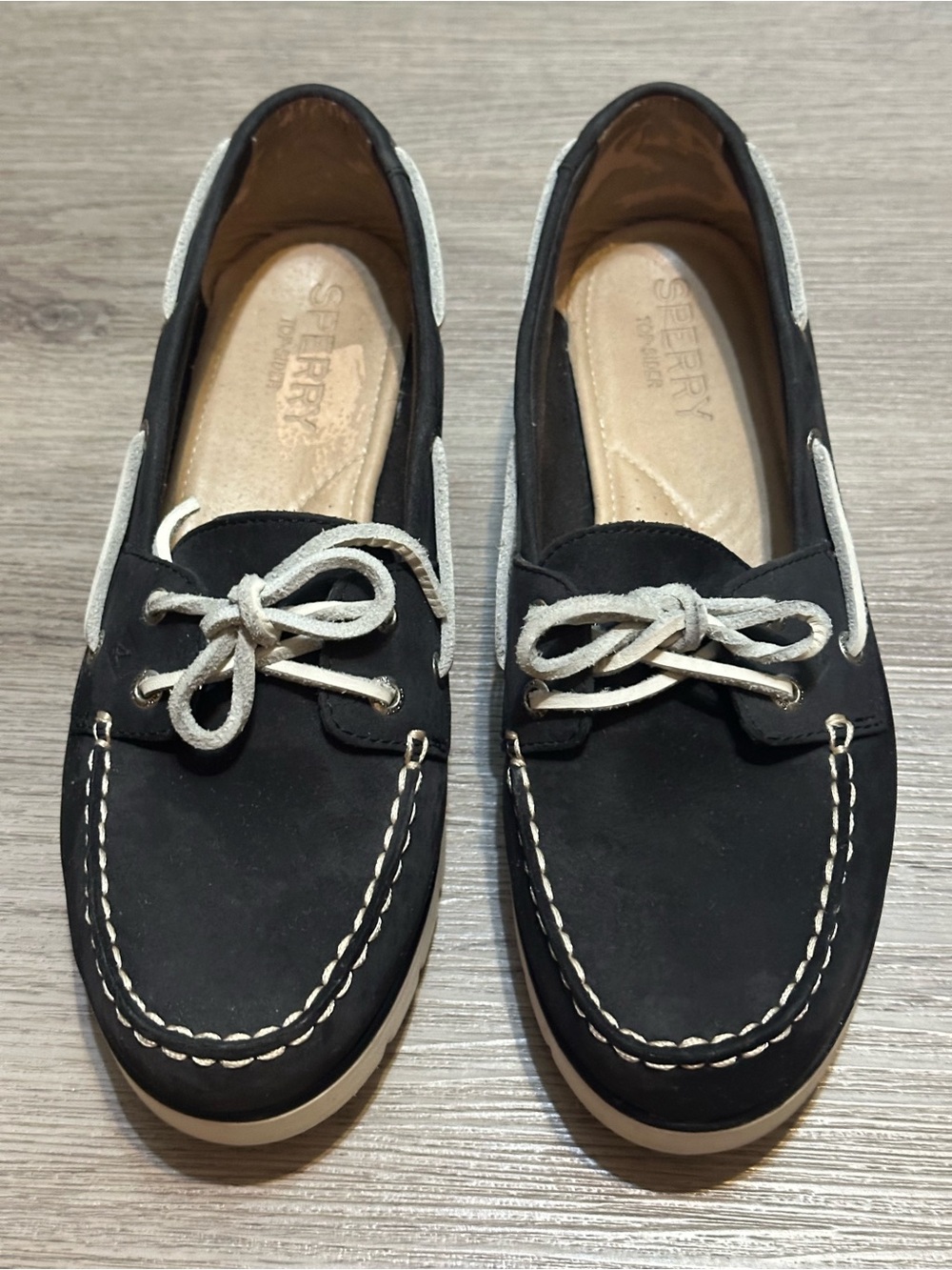 Sperry Black Moccasin Boat Shoes with Light Gray Trim